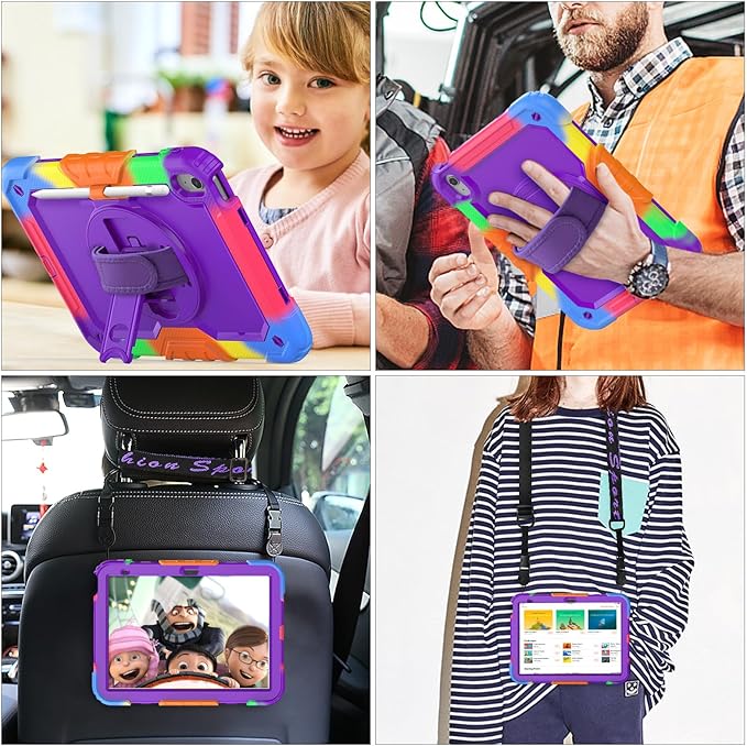 SEYMAC stock Case for iPad (A16) 11th/10th Generation 11''/10.9'' 2025/2022, Full-Body Drop Protection Case with Screen Protector &360° Rotate Hand Strap/Stand, Purple+Colorful