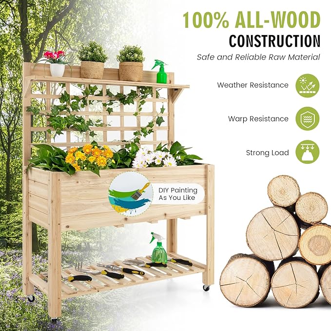 S AFSTAR Raised Garden Bed with Trellis, 41.5x16x54in Mobile Elevated Planter Box with Wheels, Bed Liner, Top/Bottom Storage Shelves, Freestanding Wood Planter Stand for Garden Patio Balcony