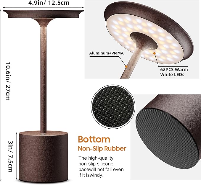 Cordless Table Lamp, Portable Rechargeable 6000mAh Outdoor Table Lamp, 3 Color Stepless Dimming Battery Powered Lamp, LED Table Light for Dinner/Bedroom/Restaurant/Outdoor (Rust)