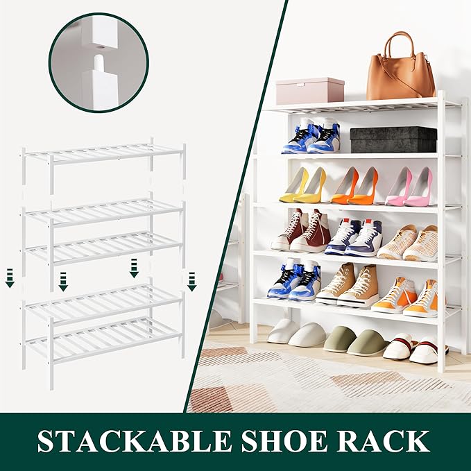 Smiry Shoe Rack, 2 Tier Bamboo Shoe Organizer, Stackable Free Standing Wooden Shoe Storage Shelf for Closet, Entryway, Front Door Entrance, White