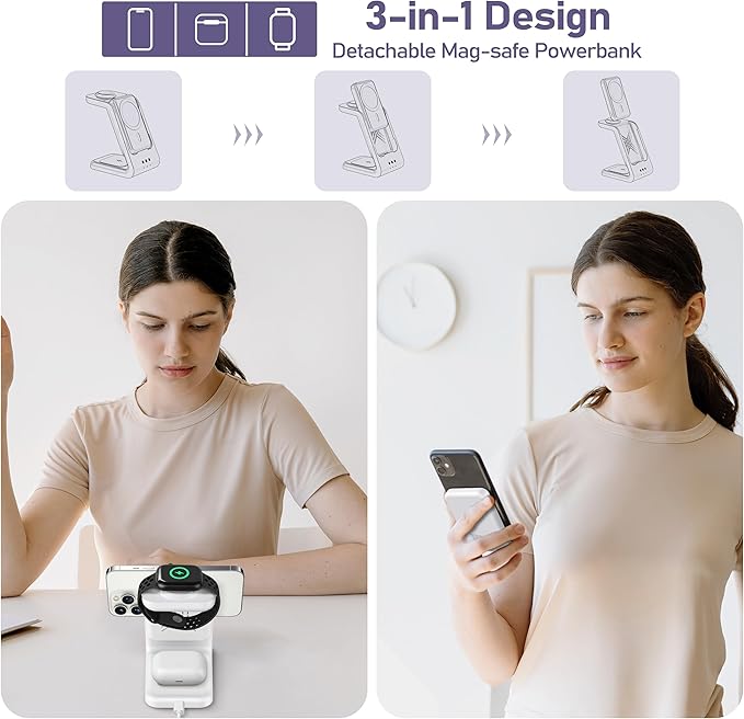 3 in 1 Wireless Charging Station: 5000mAh Removable Power Bank Charger Stand for iPhone/Apple Watch/Airpods - Portable Magnetic Battery Pack for Air 17 16 15 14 13 12 Series White