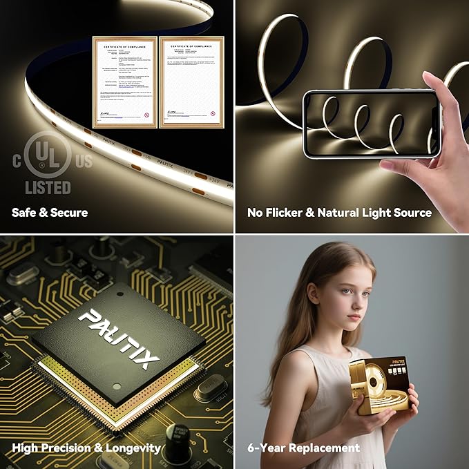 PAUTIX COB LED Strip Light 32.8ft,Engineering Level UL Listed Natural White 4000K,CRI93+ Super Bright High Lumen,Dimmable 24V Flexible LED Tape Light with RF Remote,for Home&Office Decor DIY Lighting