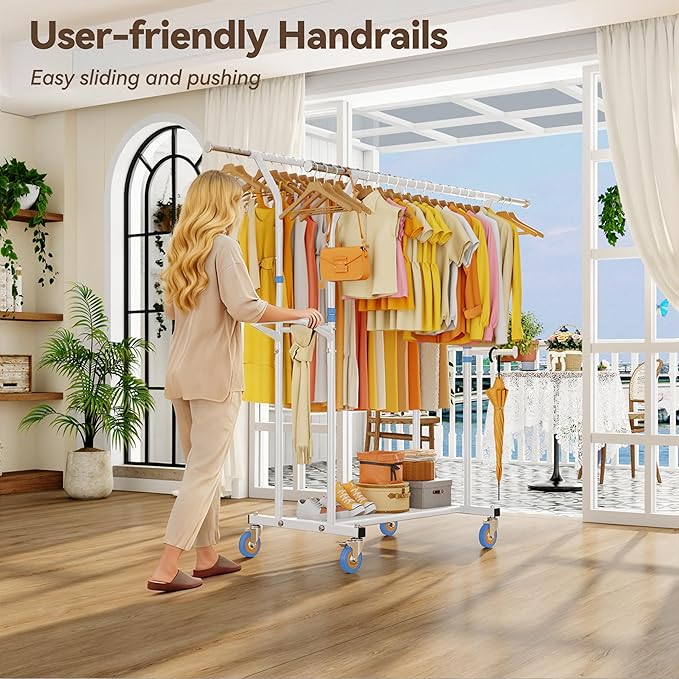 Heavy Duty Clothes Rack for Hanging Clothing: Rolling Coat Racks Poartable Garment with Wheels Freestanding Sturdy Metal Adjustable Extendable with Shelves Bedroom Laundry Living Room