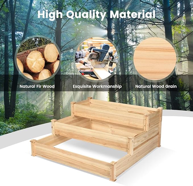 COSTWAY 3-Tier Raised Garden Bed, Wooden Elevated Planter Box for Vegetables Flowers Herbs Fruits, Outdoor Growing Planter Box Stand for Garden, Backyard, Patio, Balcony