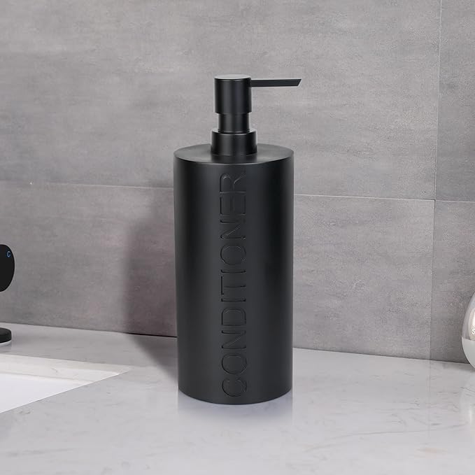 Matte Black Conditioner Dispenser Luxurious Refillable Pump Bottle with Black Resin Pump and Embossed Text, Durable Design for Bathroom and Shower
