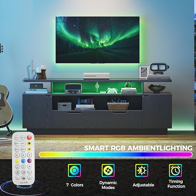 IRONCK TV Stand for TVs 85 inch with Power Outlet and LED Lights, Entertainment Center with Storage Cabinets, Media TV Console with Drawers, Modern TV Stand for Living Room, Black