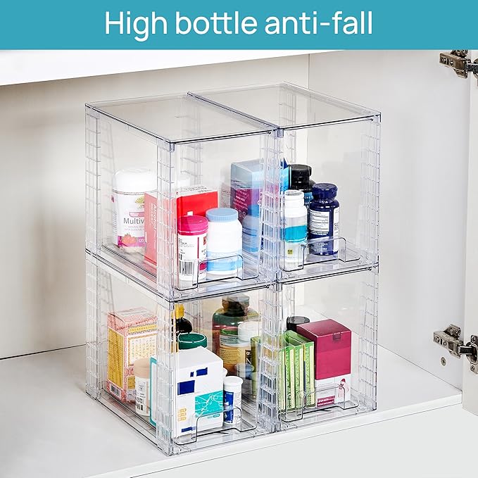 Vtopmart 4 Pack Clear Stackable Storage Drawers,9.7" High Plastic Organizers Bins for Skincare, Bathroom Supplies,Ideal for Cabinet,Undersink,Vanity,Kitchen,Pantry Organization