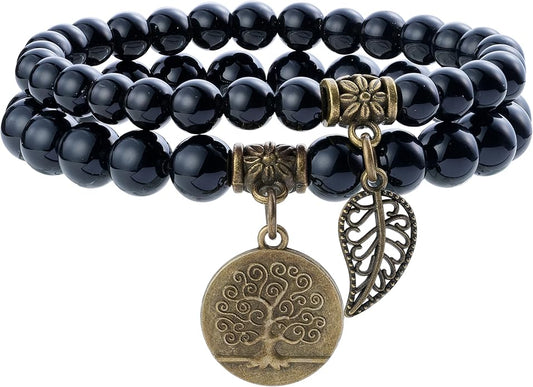 Bivei Natural Semi Precious Gemstone beads bracelet for women - Life Tree and Leaf Charm Energy Reiki Crystal Stretch Bracelets