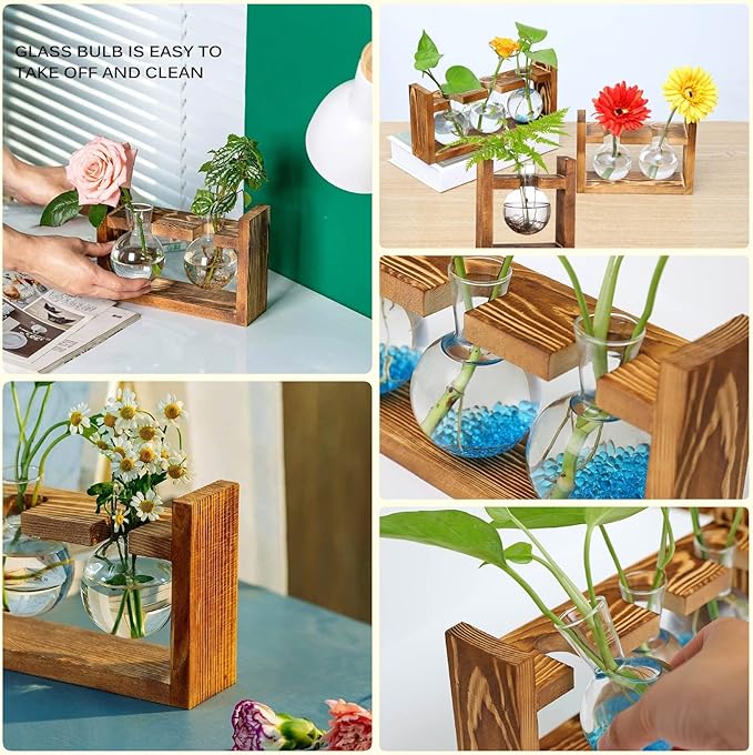 Kingbuy Glass Plant Terrarium - 3 Bulbs Propagation Station with Retro Wood Stand Indoor Garden Planter, Bulb Vase & Desktop Decor for Home Kitchen Wedding, Gift for Women & Plant Lover
