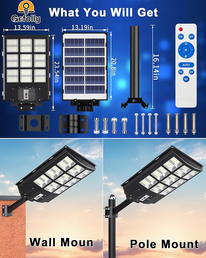 Gefolly SL-4600W Solar Street Light Outdoor 460000LM Wide Angle Commercial Parking Lot Lights Dusk to Dawn 6500K Flood Security Light IP67 Lamp for Basketball Court, Yard