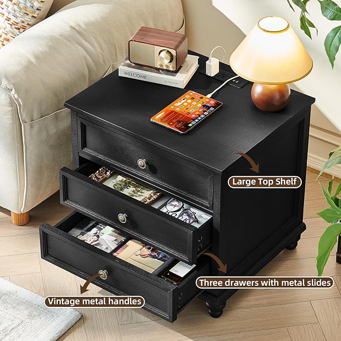 Farmhouse Nightstand with Charging Station, 24" Wide End Table with 3 Drawers,Wood Dresser Cabinet for Bedroom, Bed Side Table Chest of Drawers,Night Stand for Living Room, Closet,Black