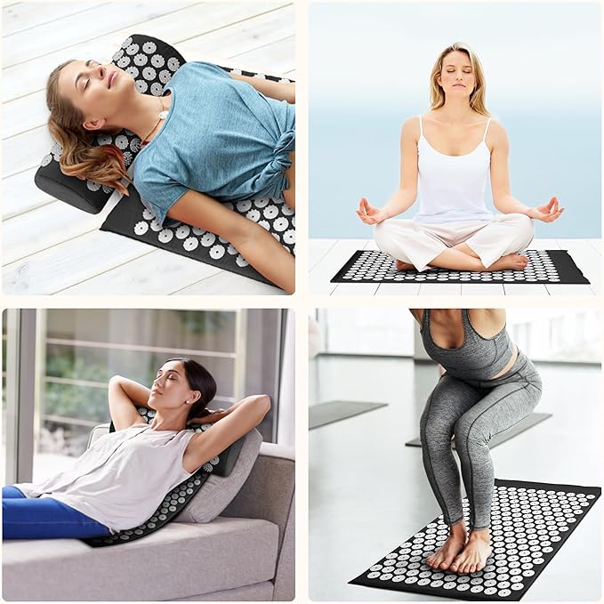 Fitvids Acupressure Mat and Pillow Set for Back/Neck Pain, Acupuncture Products to Relieve Muscle Fatigue, Improve Insomnia for Sedentary People, Acupuncture Eases Stress, Massage Mat, Black