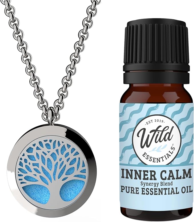 Wild Essentials Tree of Life Essential Oil Diffuser Necklace Gift Set - Includes Aromatherapy Pendant, 24" Stainless Steel Chain, Refill Pads and 10 ml Bottle of Inner Calm 100% Essential Oil