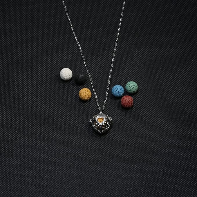 2 PCS Aromatherapy Essential Oil Diffuser Necklace Hollow Ball and Small Heart Shape Colored Lava Stone Pendant Necklace for Women…