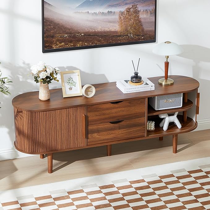 TV Stand, Media Console Table with Sliding Door and Storage Compartment, Modern Entertainment Center with Storage for Living Room, Bedroom, Home Office (Walnut with 2 Drawers)