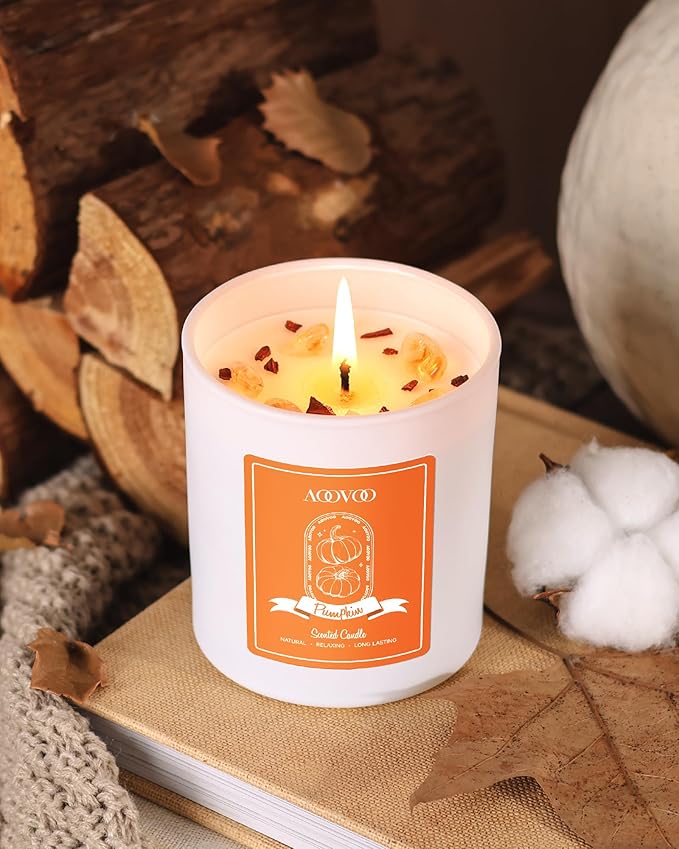 AOOVOO Pumpkin Scented Candles for Women - Aromatherapy Candle with Crystals Inside, 10oz Soy Candles for Home Scented, Birthday Gifts Candle for Women Mom