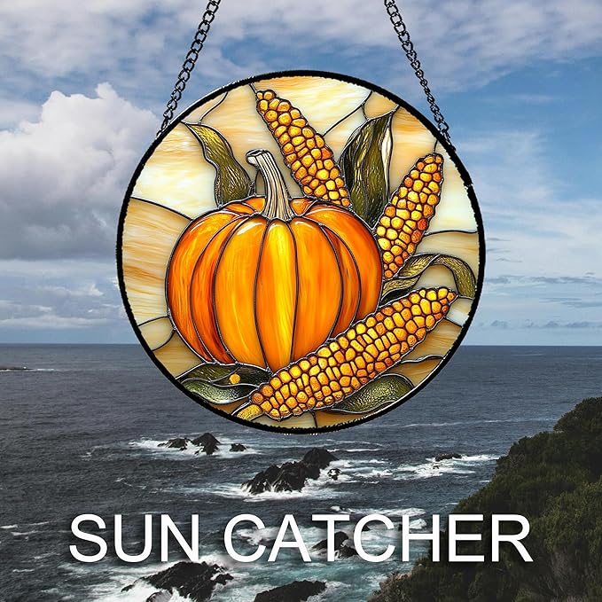 Stained Glass Window Hanging Autumn Harvest Pumpkin Corn Large 11.8" - Suncatcher Door Garden Kitchen Sunroom Sun Catcher Fall Home Decor Birthday for Mom Grandma Men Woman