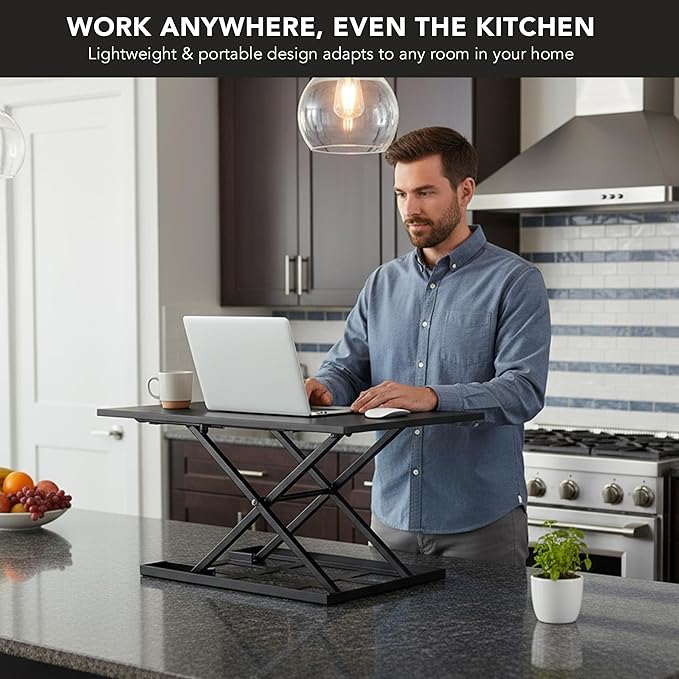 Mount-It! Standing Desk Converter, Sit Stand Desk Riser with Gas Spring, Ergonomic Height Adjustable Desktop Platform, Collapsible Slim Profile, Preassembled Workstation for Home & Office, Black