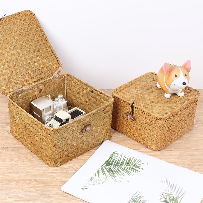 Wicker Shelf Baskets with Lid, Handwoven Seagrass Storage Basket Bins Square Gift Boxes for Shelves Home Decor Organizer (Natural, Set of 4)