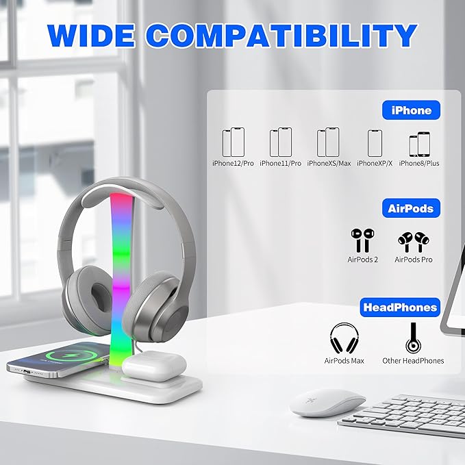 5 in 1 Headphone Stand with 15w Wireless Charger, Fast Wireless Charging Station Headset Holder for iPhone 15/14/13/12/11/XS/XR/X, Air Pods 3/2/Pro/2, Desk Gaming Headset Holder (White with Light)
