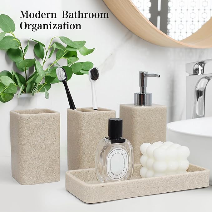 Bathroom Accessories Set, 4 Pcs Bathroom Accessory Set, Soap Dispenser, Toothbrush Holder, Qtip Holder Set, Bathroom Sets Complete, Bathroom Sink Set for Modern Home, Beige