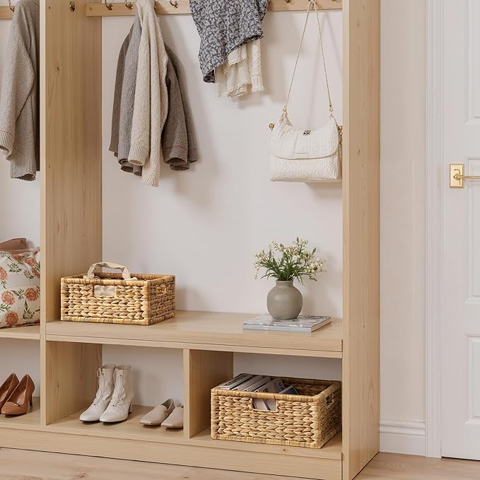 StorageWorks Large Wicker Basket for Organizing, Pantry Organizer with Wooden Frame, Water Hyacinth Storage Basket for Shelves