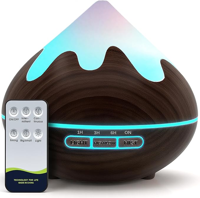 500ML Essential Oil Diffuser, Aromatherapy Diffuser with Remote Control, Multifunctional Air Diffusers for Home Office Room, Fragrance Aroma Diffuser with 7 Color LED & 2 Mist Mode, Dark Brown
