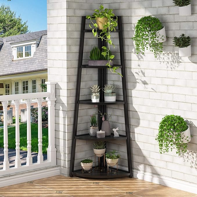 Tribesigns 70 inch Tall Corner Shelf, 5 Tier Modern Corner Bookshelf Bookcase Industrial Corner Ladder Shelf Plant Stand for Living Room, Kitchen, Home Office (Black)