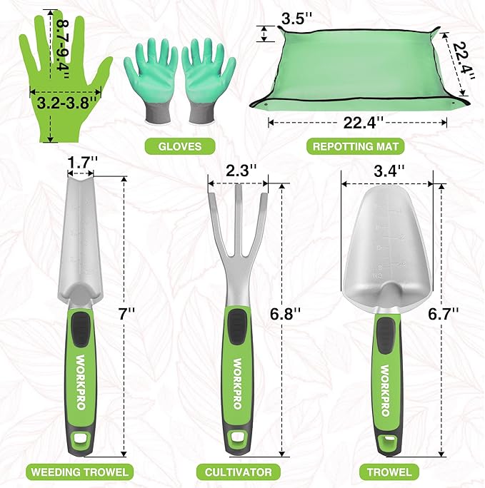 WORKPRO 5PCS Garden Tool Set, Powder Coating Compact Aluminum Gardening Tool Set with Repotting Mat, Outdoor Garden Hand Tools, Ideal Gardening Gift, Green