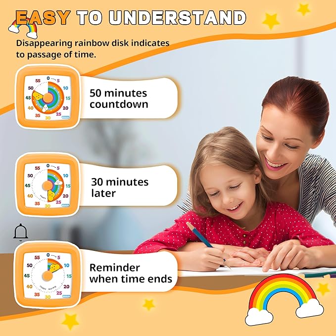 Visual Timer for Kids 60 Minute, Rainbow Countdown Clock with Silent Operation & Adjustable Alarm, Time Management Tool for Classroom, Kitchen, Toddler ADHD, Autism, Study, Pomodoro