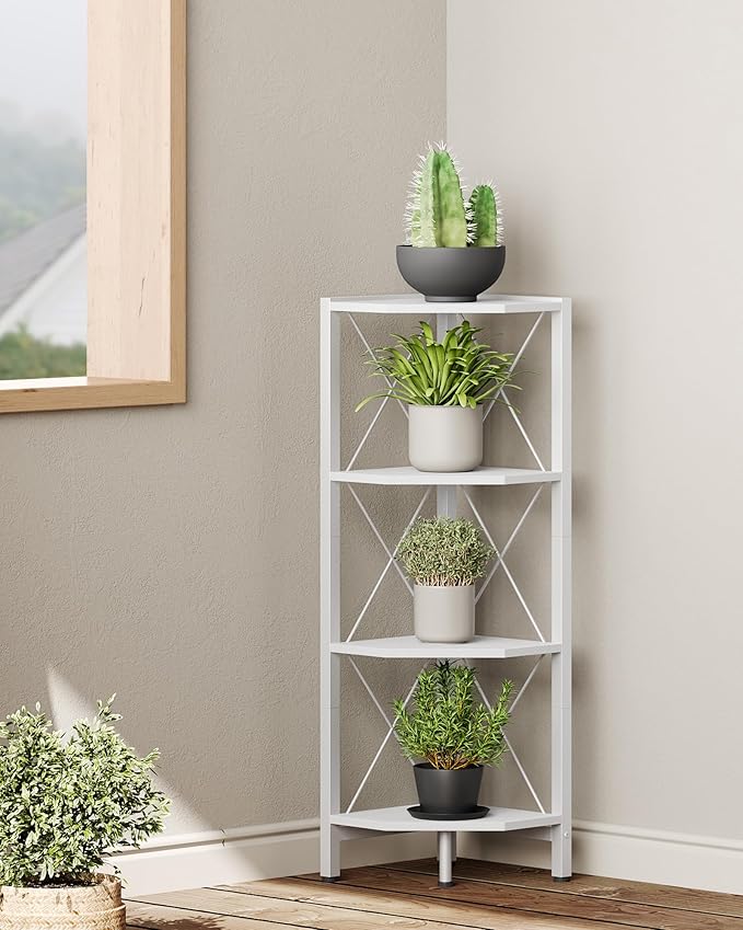 4-Tier Corner Shelf, Corner Bookcase, 43.3" Tall Vertical Display Rack, Plant Stand, Open Storage Shelf, for Living Room, Bedroom, Study, Kitchen, White TCJ14WB
