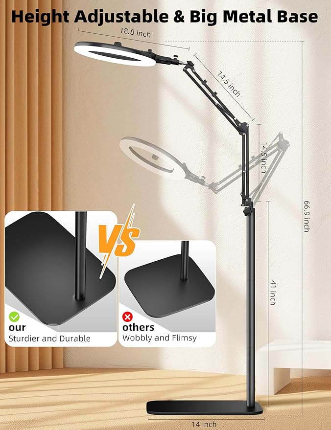 Ring Light Overhead Phone Mount,14'' LED Ring Light with Stand and Phone Holder,CRI Max 96 Professional for Video Recording,Live Streaming,Cooking and Content Creation(66.9High)