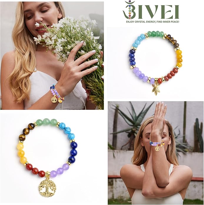 Bivei Natural Semi Precious Gemstone beads bracelet for women - Life Tree and Leaf Charm Energy Reiki Crystal Stretch Bracelets