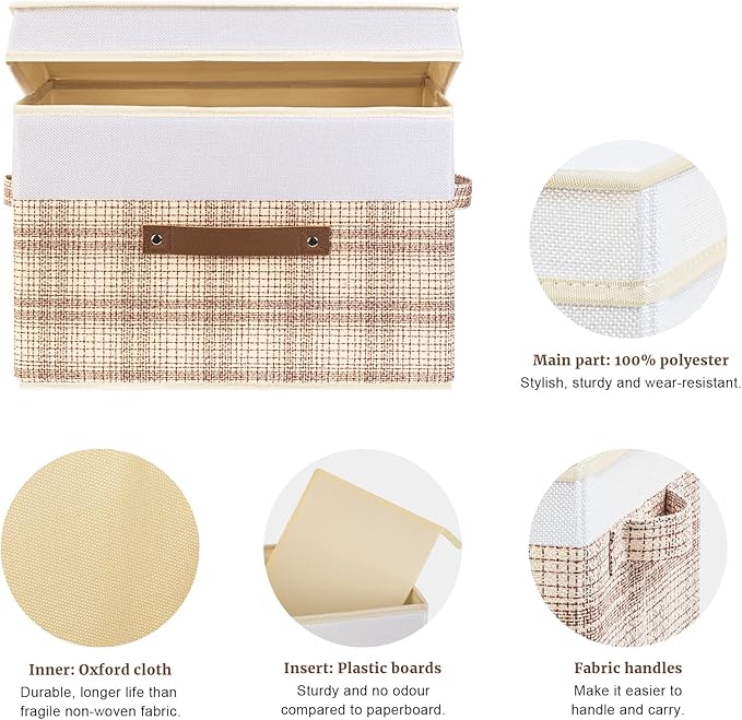 TYEERS Collapsible Storage Bins with Lids, Patchwork Design, Washable, Fabric Storage Boxes, 14.9x9.8x9.8 inches, 3 Pack, Camel Tan