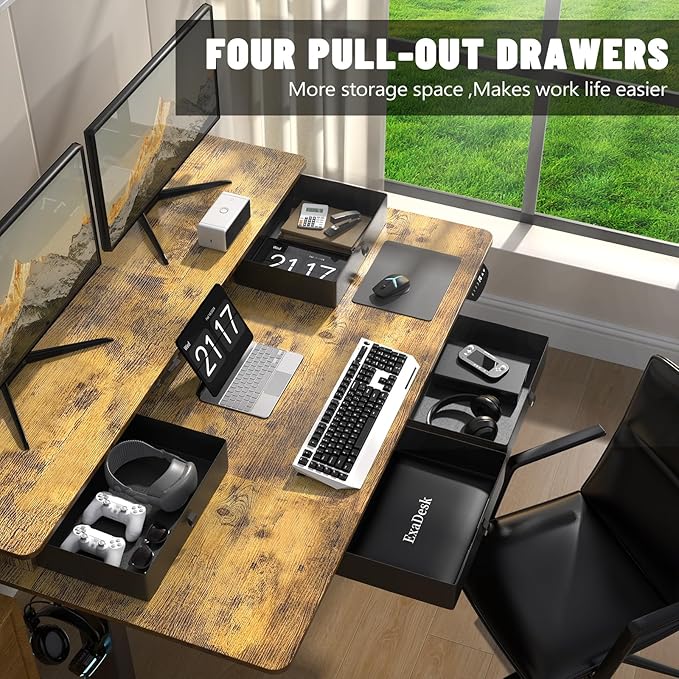 Electric Standing Desk, 63 * 30 Inches Adjustable Height with 4 Drawers, Double Storage Shelves Stand Up Desk, Home Office Workstation Sit Stand up Desk (Rustic Brown)