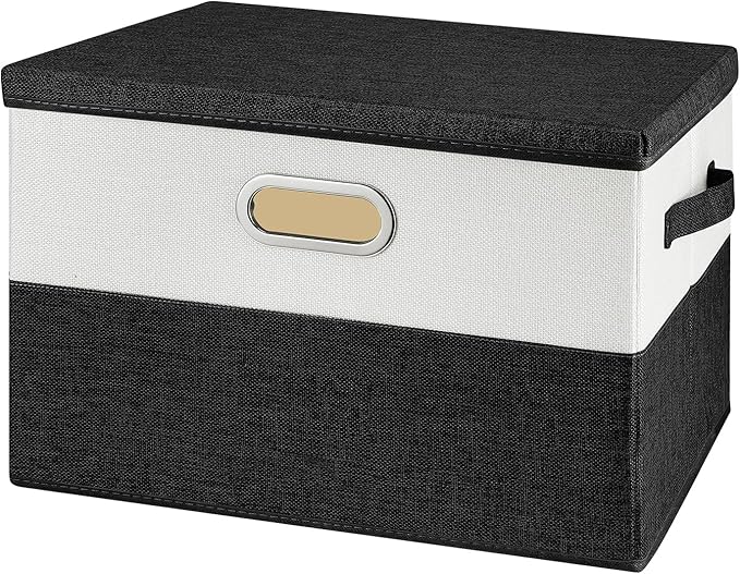 Large Linen Fabric Foldable Storage Bins with Removable Lid and Handles, Washable Storage Box Organizer Containers Baskets Cube with Cover for Bedroom,Closet,Office,Nursery(Black&White, Large)