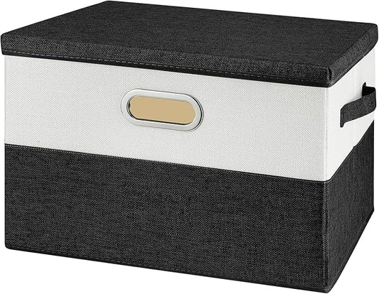 Large Linen Fabric Foldable Storage Bins with Removable Lid and Handles, Washable Storage Box Organizer Containers Baskets Cube with Cover for Bedroom,Closet,Office,Nursery(Black&White, Large)