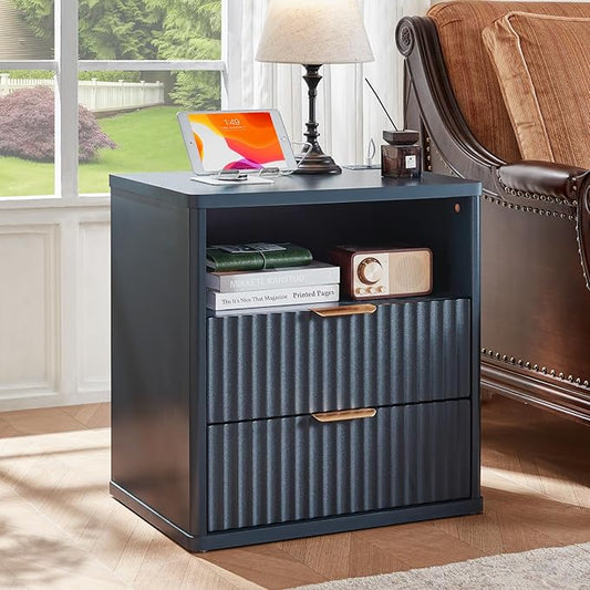 LEYAOYAO Fluted Nightstand with Charging Station, 23" Wide 2 Drawers End Table,Night Stand with Open Storage Cabinet, Farmhouse Bed Side Tables, Wood Dresser for Bedroom, Living Room, Closet, Blue