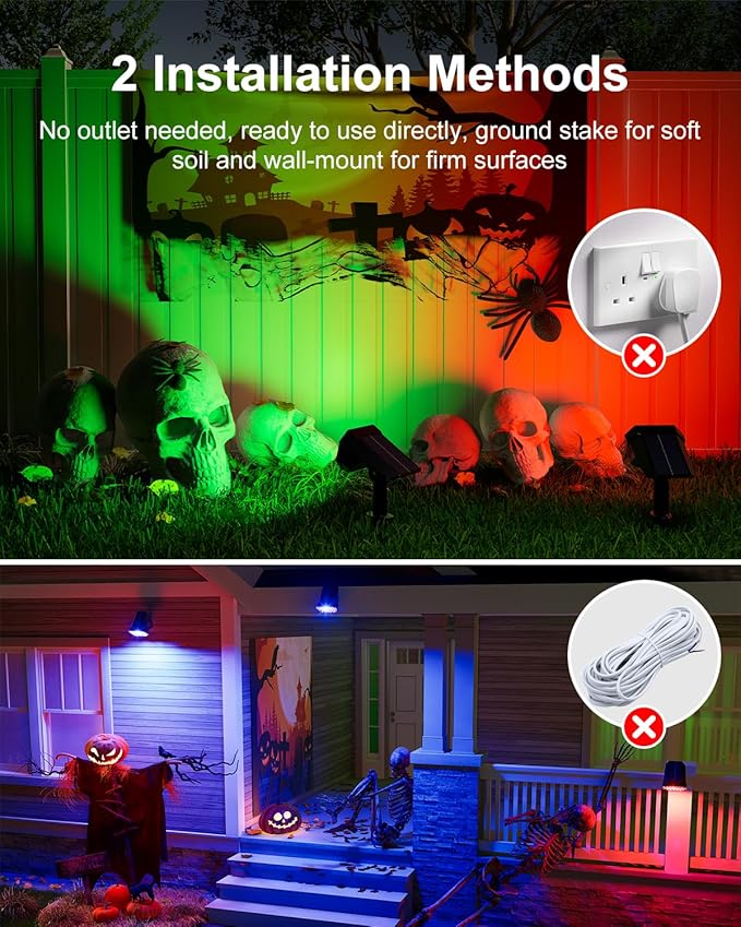 6 Pack Color Changing Solar Powered Outdoor Spot Lights for Halloween Decorations, Skeletons, Tombstones, Ghost, Outside Landscape Waterproof 24 LEDs Spotlights for House Yard Tree, Garden, Statues
