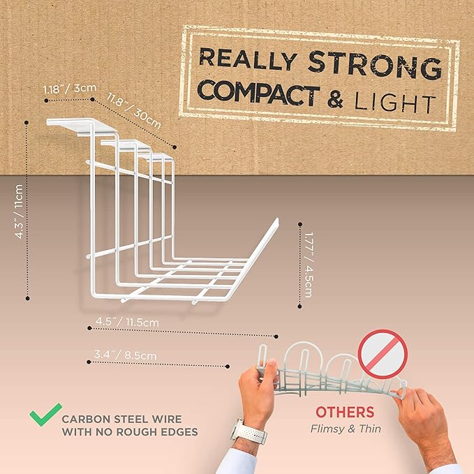 Compact Under Desk Cable Tray Organizer – Wire Management Set, White (2-Pack, 12")