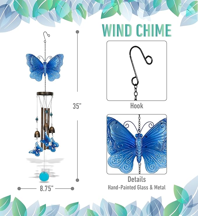 CoTa Global Blue Garden Butterfly Wind Chime - Handmade Glass and Metal Chime - Hanging Decor - Colorful Home Decor Gift, Indoor and Outdoor Hanging Decoration For Porch, Patio, and Garden - 35 Inches