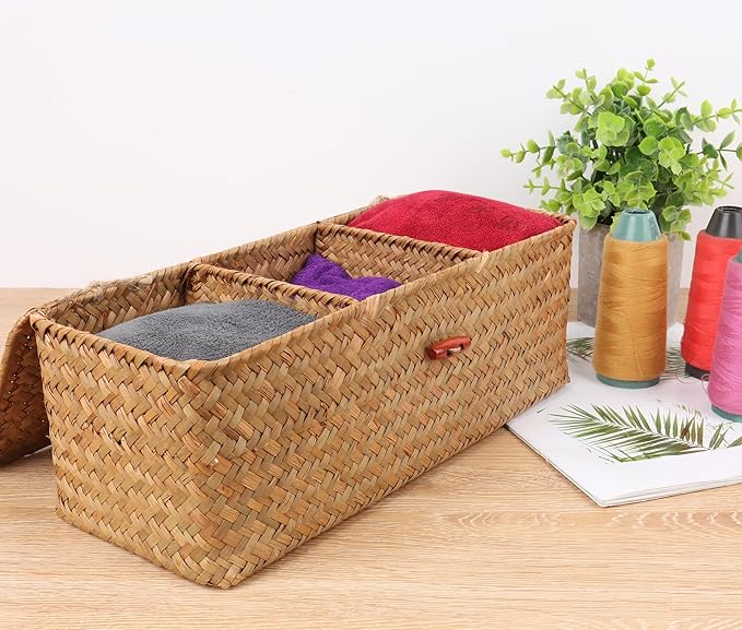 Wicker Shelf Baskets with Lid,Rectangular Seagrass Woven Storage Baskets with Dividers for Bathroom Organizer Small Bins Home Decor (Natural)
