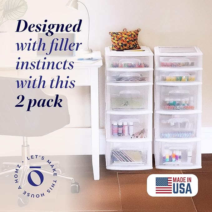 HOMZ 2-Pack Drawer Tower, 5-Tier Clear Plastic Storage Organizer Unit, White Frame - Multi-Purpose Container Drawers for Bedroom, Bathroom, and Office Organization