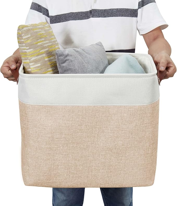 DECOMOMO Extra Large Storage Baskets, 54.5L Fabric Storage Bins for Organizing Linen Closet, Nursery (Beige & White, XXXL - 3 pack)