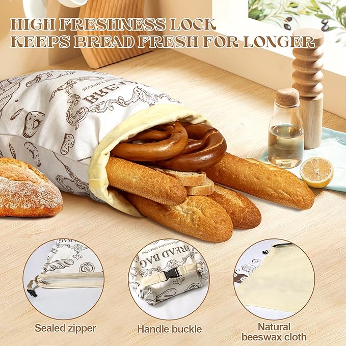 Reusable Beeswax Bread Bags with Zipper - Large Capacity Cotton Storage for Homemade, Sourdough & Fresh Bread | Food-Grade Eco-Friendly Storage Solutions