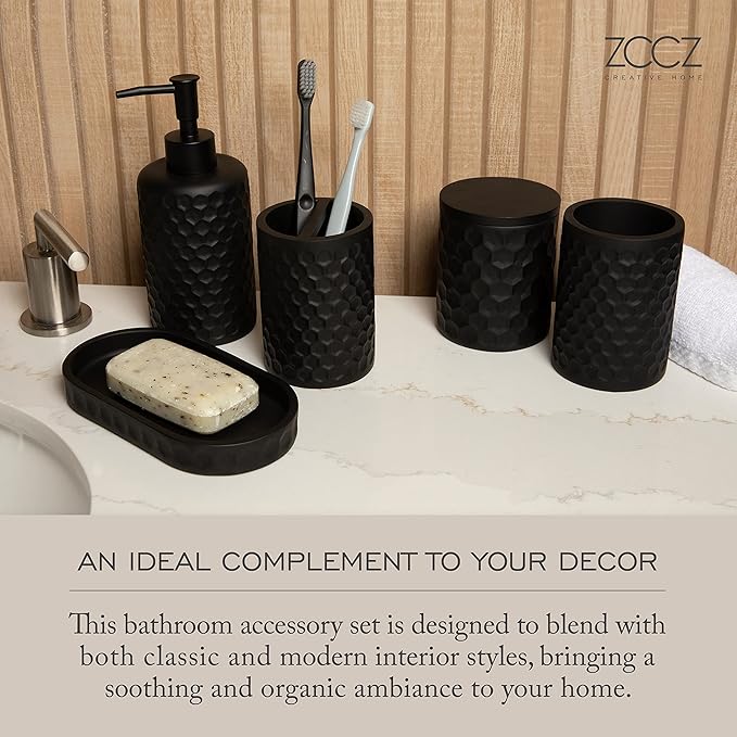 zccz 6 Piece Bathroom Accessories Set, Toothbrush Holder, Toothbrush Cup, Soap Dispenser,Bathroom Vanity Tray, Qtip Holder, Trash Can - Black