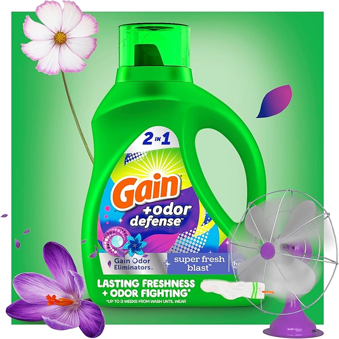 Gain + Odor Defense Laundry Detergent Liquid Soap, 2-Pack, Super Fresh Blast Scent, 65 Fl Oz Each