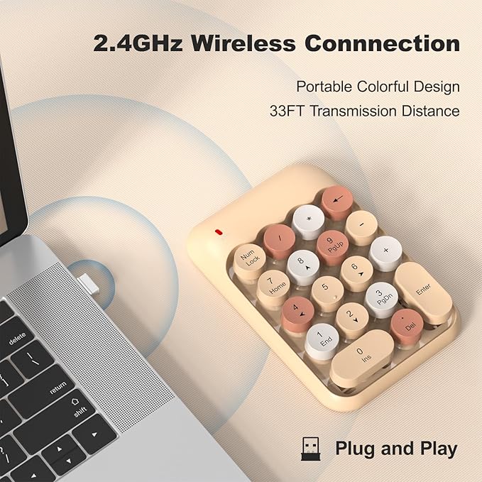 MOFII Wireless Number Pads - MilkTea Numeric Keypad 18 Keys USB 2.4G Round Keycap Colorful Extensions Keypads, Financial Accounting Portable Numpad 10 Key for Laptop/PC/Notebook/Surface Pro