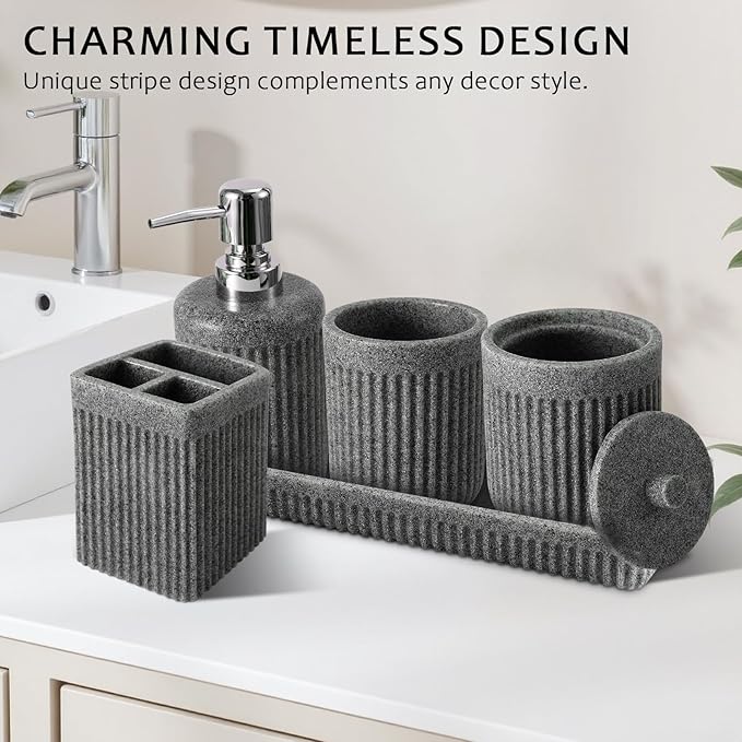 8-Piece Grey Bathroom Set - Resin Bathroom Accessories Sets Complete with Shower Curtain and Rugs, Soap Dispenser, Toothbrush Holder, Tumbler & Apothecary Jars