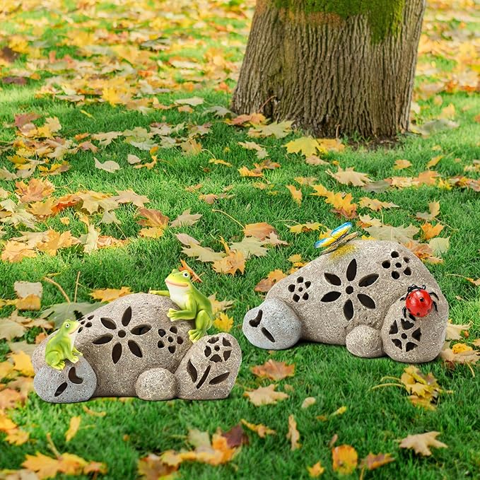 Solar Butterfly Garden Statues Outdoor Resin Ladybug on Rock Figurine with LED Lights Porch Patio Lawn Yard Art Decorations Birthday Christmas Gardening Gifts for Mom Women